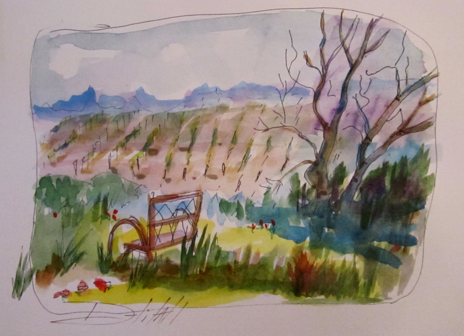vineyard view original watercolor landscape painting