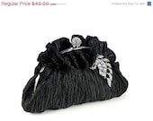 ON SALE Black Clutch, Black Bridal Clutch, Bridesmaids Clutch, Rhinestone Bridal Clutch, Black Evening Bag, Crystal Leaf Brooch