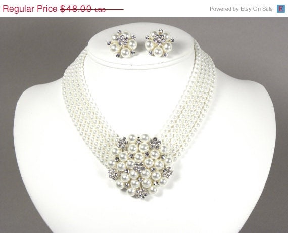 ON SALE Pearl Wedding Jewelry Set, Multi Strand Pearl Necklace, Bridal Statement Necklace, Vintage Style Necklace