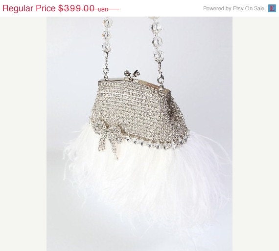 ON SALE Rhinestone Bridal Clutch Purse Vintage Style with White Ostrich Feathers, Rhinestone Bow Accent, and Beaded Handle/Necklace