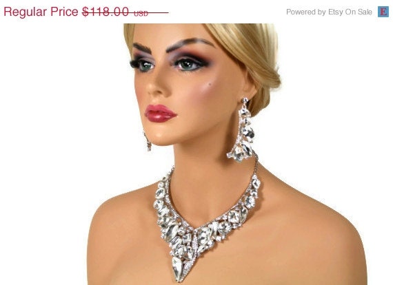 ON SALE Crystal Bridal Jewelry Set, Bridal Statement Necklace Earrings, Vintage Style Bridal Necklace, Bridal Earrings, Gold Emerald Neckla