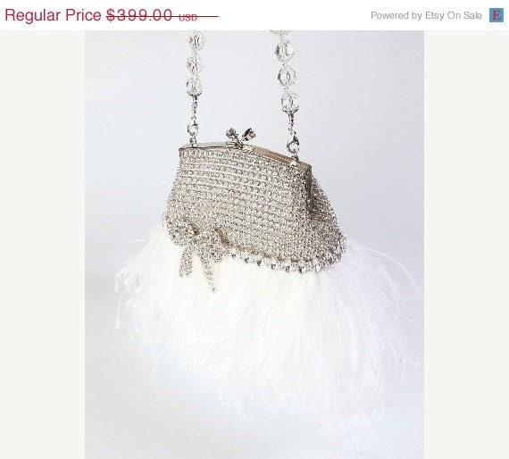 ON SALE Rhinestone Bridal Clutch Purse Vintage Style with White Ostrich Feathers, Rhinestone Bow Accent, and Beaded Handle/Necklace
