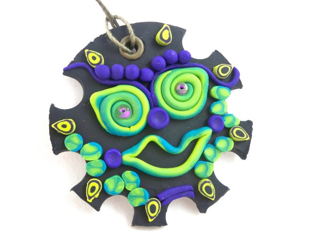 Mask ornament green and purple polymer clay funny face unique