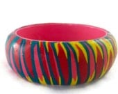 Bright colorful bangle striped unique polymer clay pink, yellow, blue, red