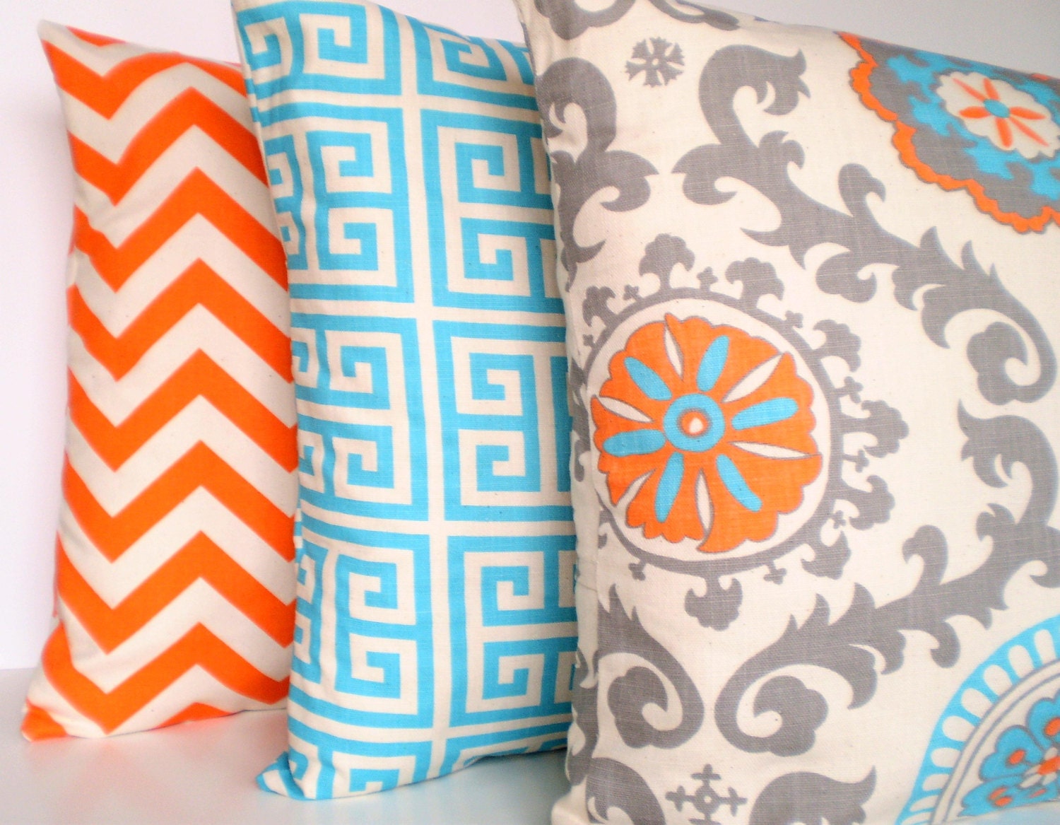 Throw Pillows Decorative Pillows Accent Pillows Cushion Covers Aqua Orange Gray Natural BOTH SIDES - Combo Set of Three 18 x 18