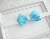 Spring Summer Baby Headband with Sky Blue Polka Dot Flat Style Bow