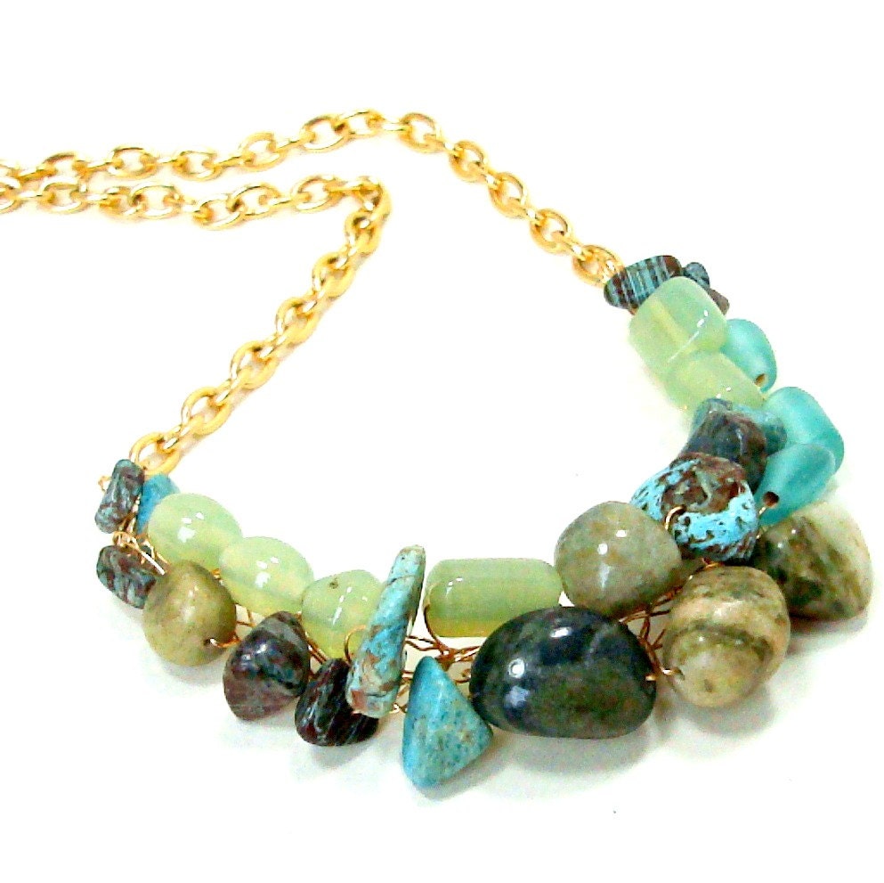 Chunky Turquoise Bib Necklace Statement Necklace Stone Glass Beaded Bib Wire Crochet Beach Summer Long Necklace