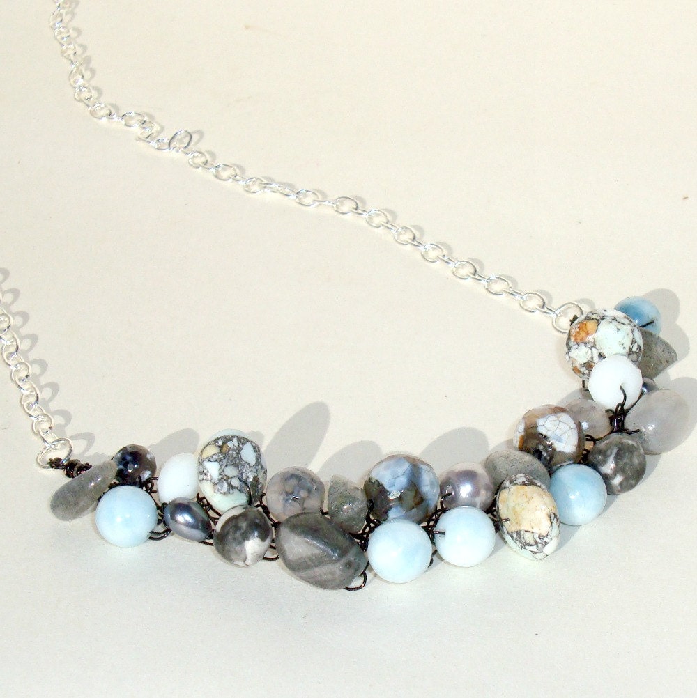 Chunky Marbled Stone Bib Necklace Labradorite Grey Pale Blue Moonstone Statement Necklace Beaded Bib Wire Crochet Extra Long Necklace