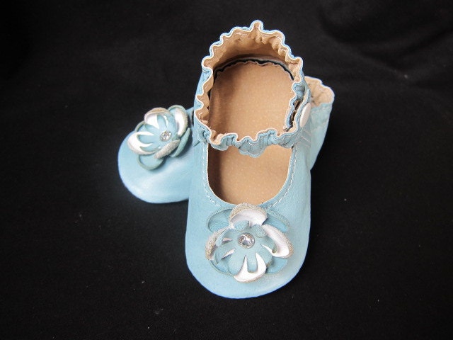 Custom Baby Shoes Classic MaryJane Soft Sole with Flower in Robins Egg Blue Leather