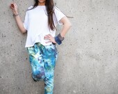 Blue Green Capri Denim Jeans Pants  Womens Clothing Hand Dyed Relaxed Fit w/ Tie Belt