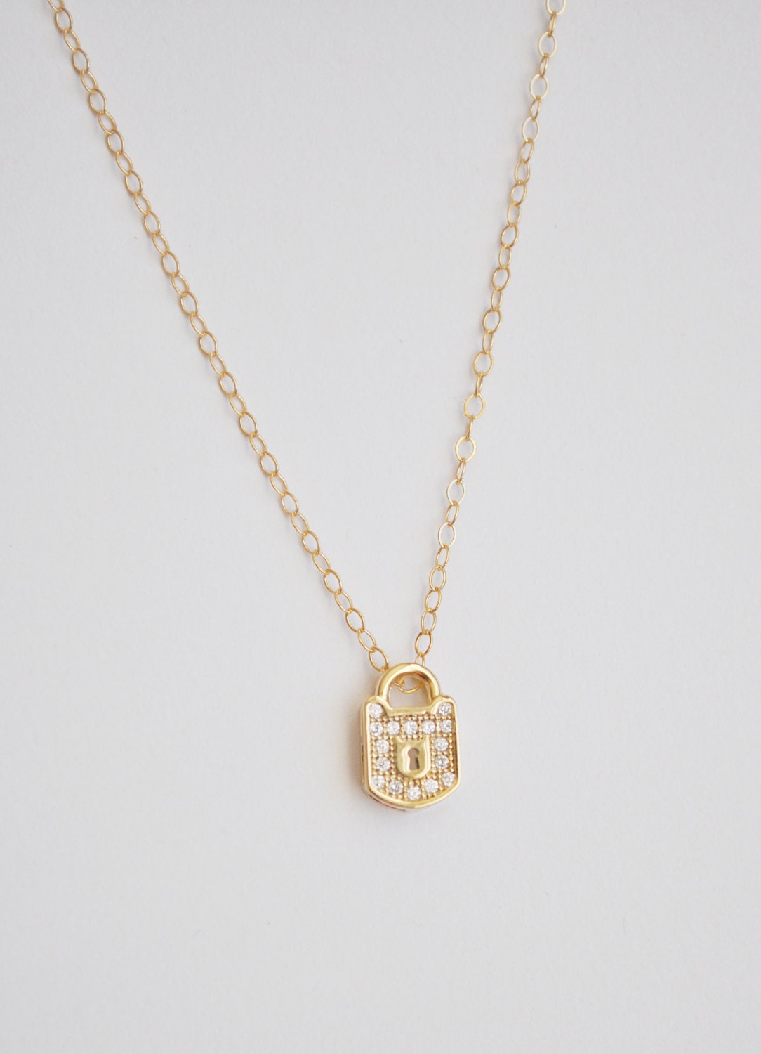 Tiny Gold Lock Necklace - pave rhinestone little small charm love necklace - simple & sweet - adenandclaire