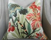 Decorative Designer Pillow Cover - 20"X20" - Brunschwig&Fils - Le Lac print on teal and melon on cream  - Pattern on the front