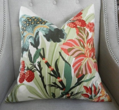 Decorative Designer Pillow Cover - 20"X20" - Brunschwig&Fils - Le Lac print on teal and melon on cream  - Pattern on the front