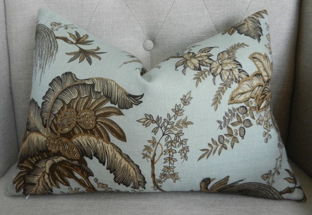 Decorative Designer Pillow Cover - 12"X18" - Schumacher Coconut Grove in Aqua & Tan - Pattern on the front