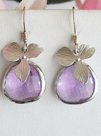 Amethyst Color, Orchid, Glass Earrings, Birthday Gift, Bridesmaids Gift, Wedding, Sterling Silver Earwire, Delicate