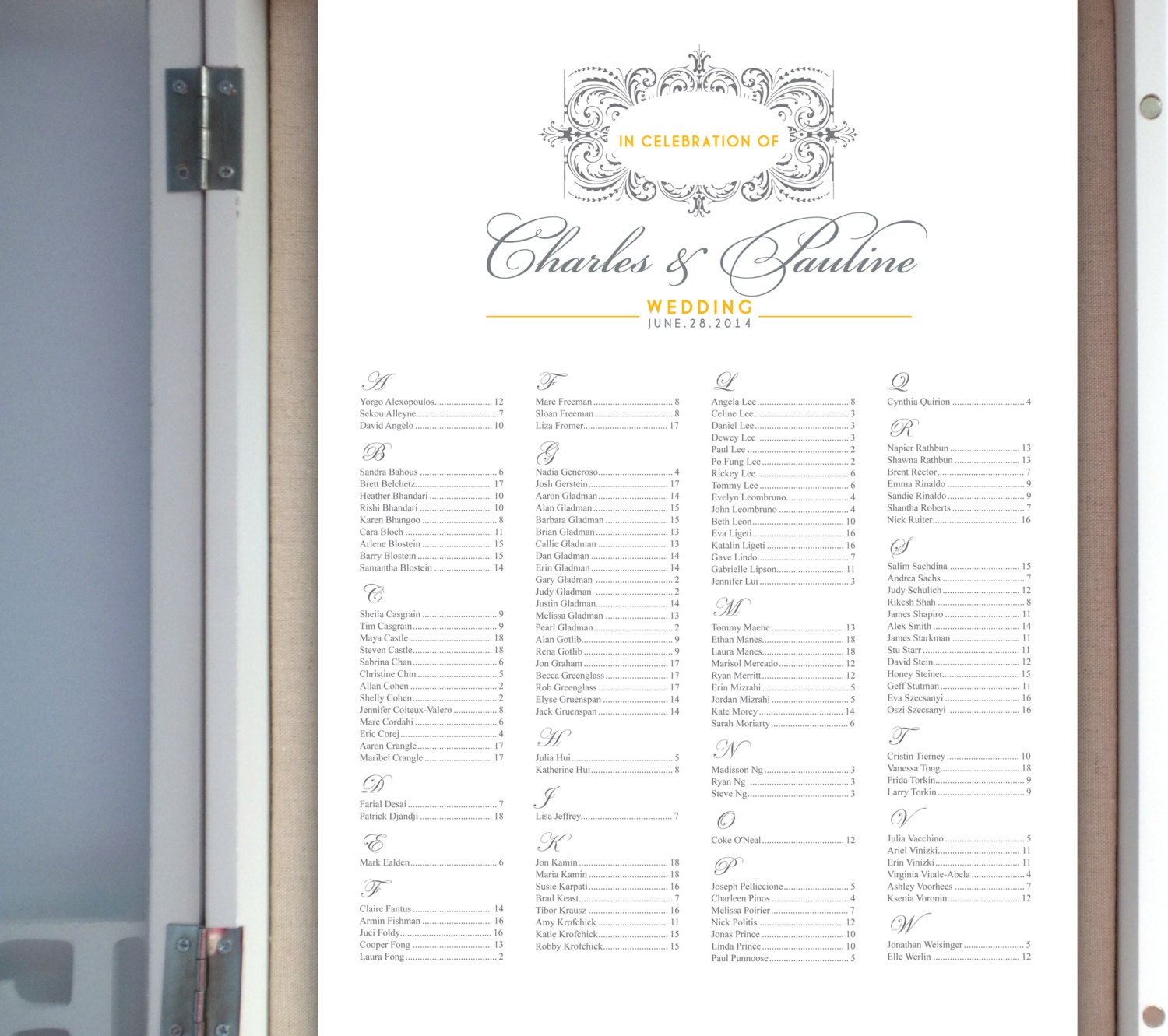 love note2 // wedding seating chart, elegant design, European style, swirl pattern, grey & yellow