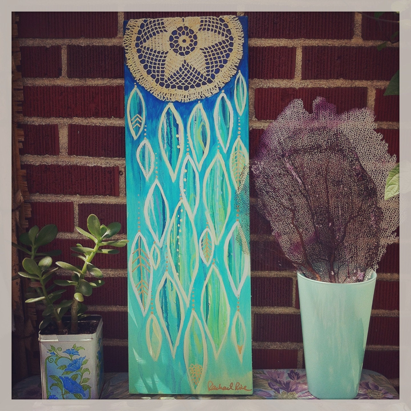 Mermaid Dreamcatcher Painting with Gold Ink Feathers, Vintage Lace, acrylic on canvas - free shipping