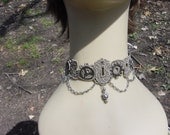 Gray Steampunk Lace Choker With Gears and Gray Chain