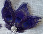 Bridal Fascinator  Purple Peacock hair clip, bridal feathered hair fascinator