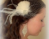 Ivory Feather Bridal Fascinator with French Net Bandeau Bridal Veil 2 piece set - ship ready MANY COLORS