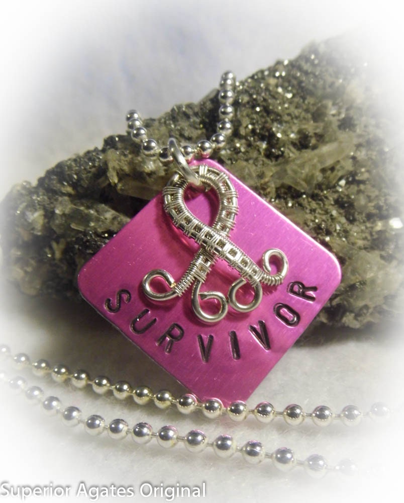 Pink Cancer Survivor Hand Stamped Necklace Aluminum