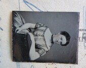 miniature GEM tintype photo - GIRL in striped dress, sitter - GTE04