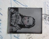 miniature GEM tintype photo - precious little GIRL in plaid dress - GTE08