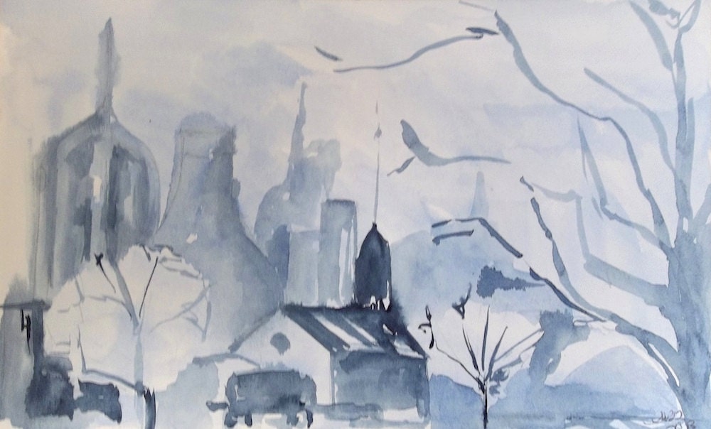 Blue Scape city landscape monotone 5x8 inches Original watercolor painting
