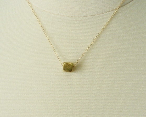 Tiny brass cube, geometric necklace, sleek modern jewelry