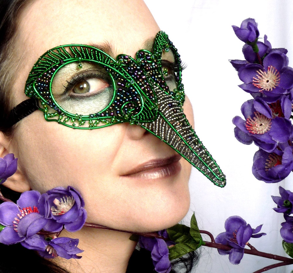 Humming bird masquerade mask, green, ladies, handmade