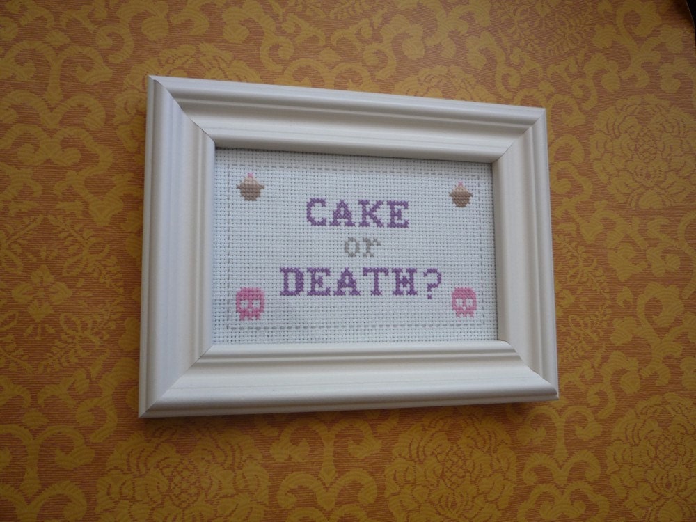 Eddie Izzard Cake or Death cross stitch needlepoint sampler