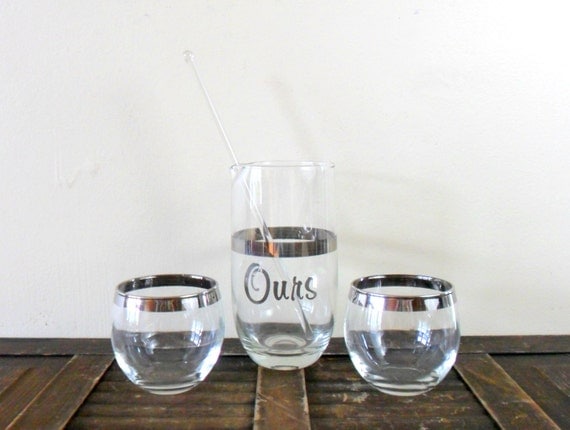 vintage mad men style silver rimmed roly poly cocktails for two drink set - couple - love - don draper - wedding gift