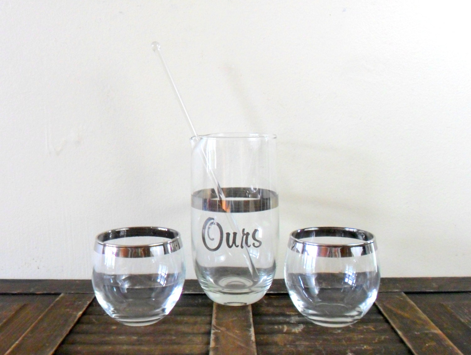 vintage mad men style silver rimmed roly poly cocktails for two drink set - couple - love - don draper - wedding gift