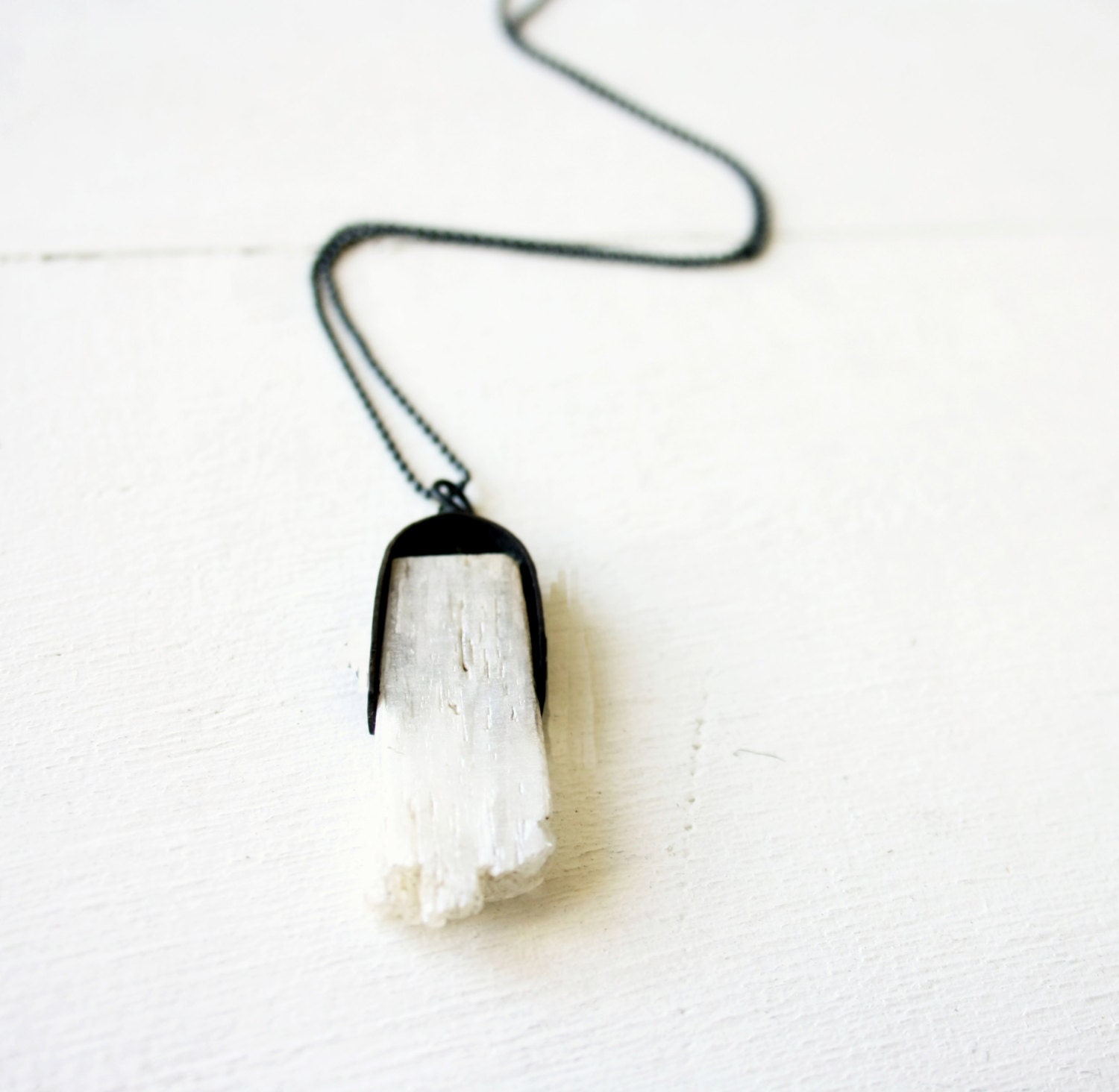 White Kunzite rough Crystal necklace in black silver / off white crystal with black silver / rustic necklace / handmade FREE SHIPPING