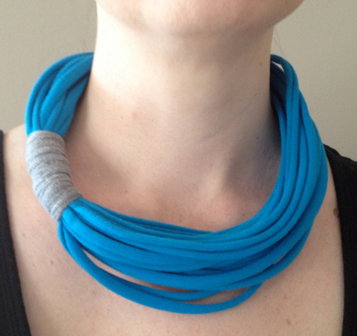 Turquoise Necklace - Blue T-Shirt Necklace - Turquoise and Gray Necklace - Blue T-Shirt Necklace - T-Shirt Jewelry - Fabric Accessory
