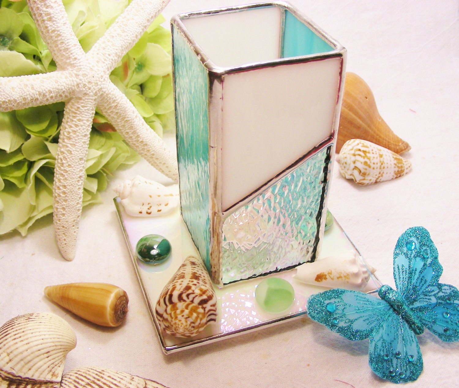 Sea Green Stained Glass Lantern with SeaShells and  Seaglass