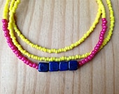Pure Sunshine Necklace- Bright and bold seed bead necklace in yellow and pink adorned with Lapiz