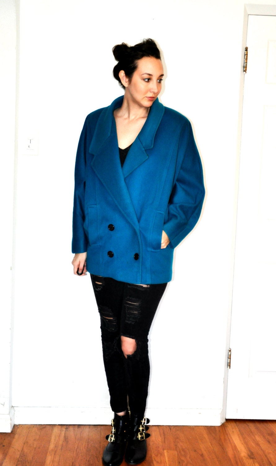 A W E S O M E 80s Oversized Designer Bright Teal and Yellow Coat