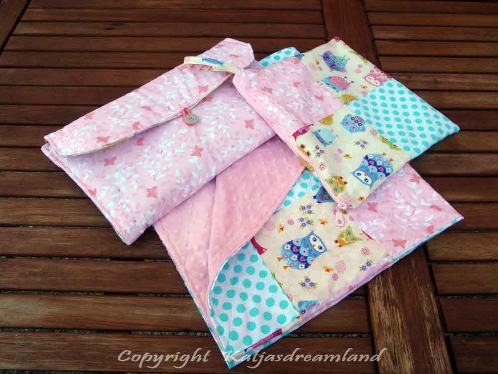 Baby patchwork set blanket, diaper changing pad/clutch and wet bag sewn accessories minky cotton owls
