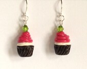 Hot Pink Raspberry Chocolate Cupcake Earrings with Spring Green Bead Fairy Cake