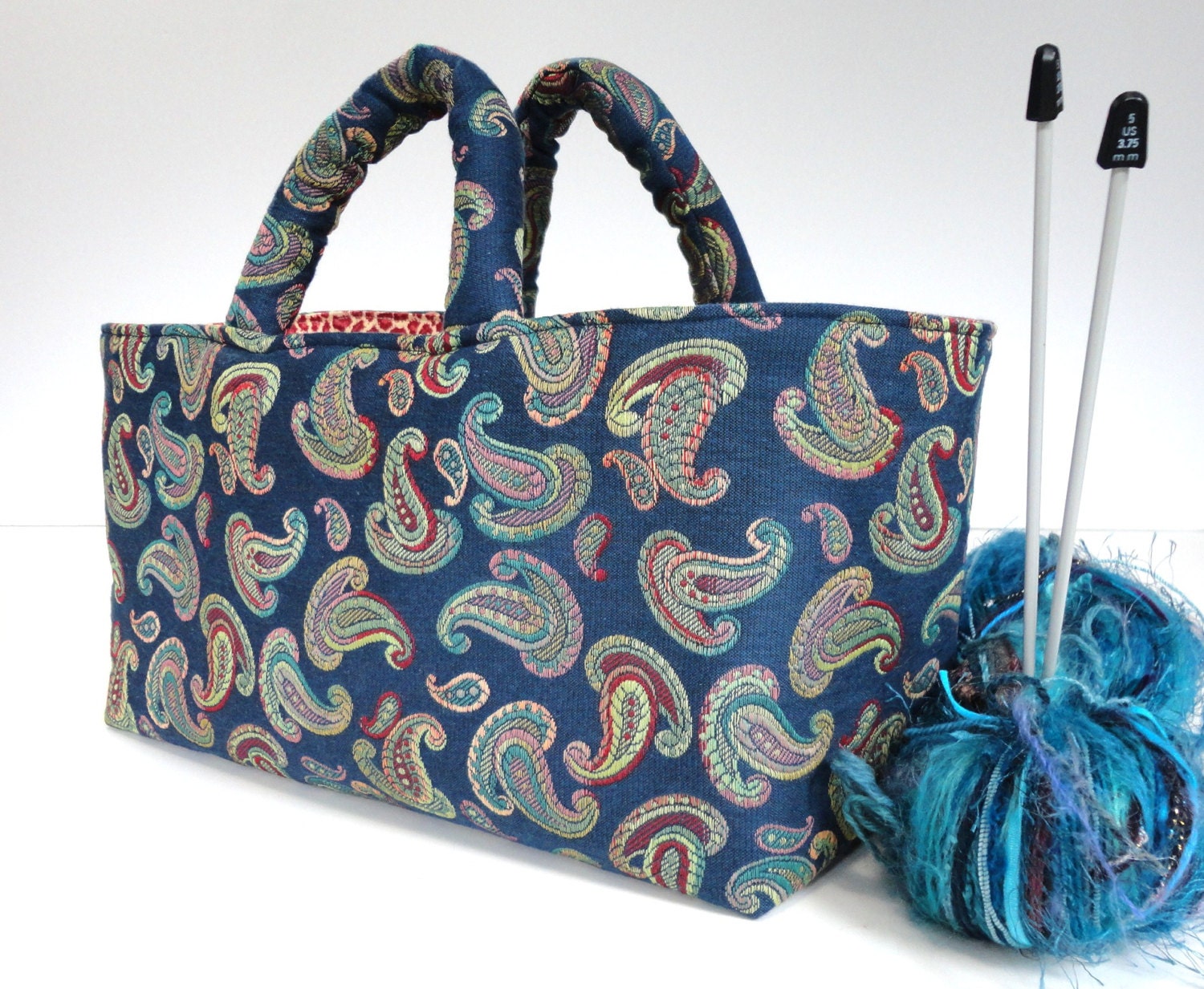 Small Knitters Project Tote Blue Paisley Knitting Bag