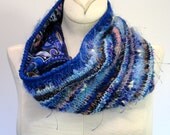Knitted Cowl Blue Wool Womans Reversible Scarf Lined