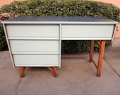 Heywood Wakefield Rattan Desk or Vanity in Light Blue with Contrast Top (Los Angeles)