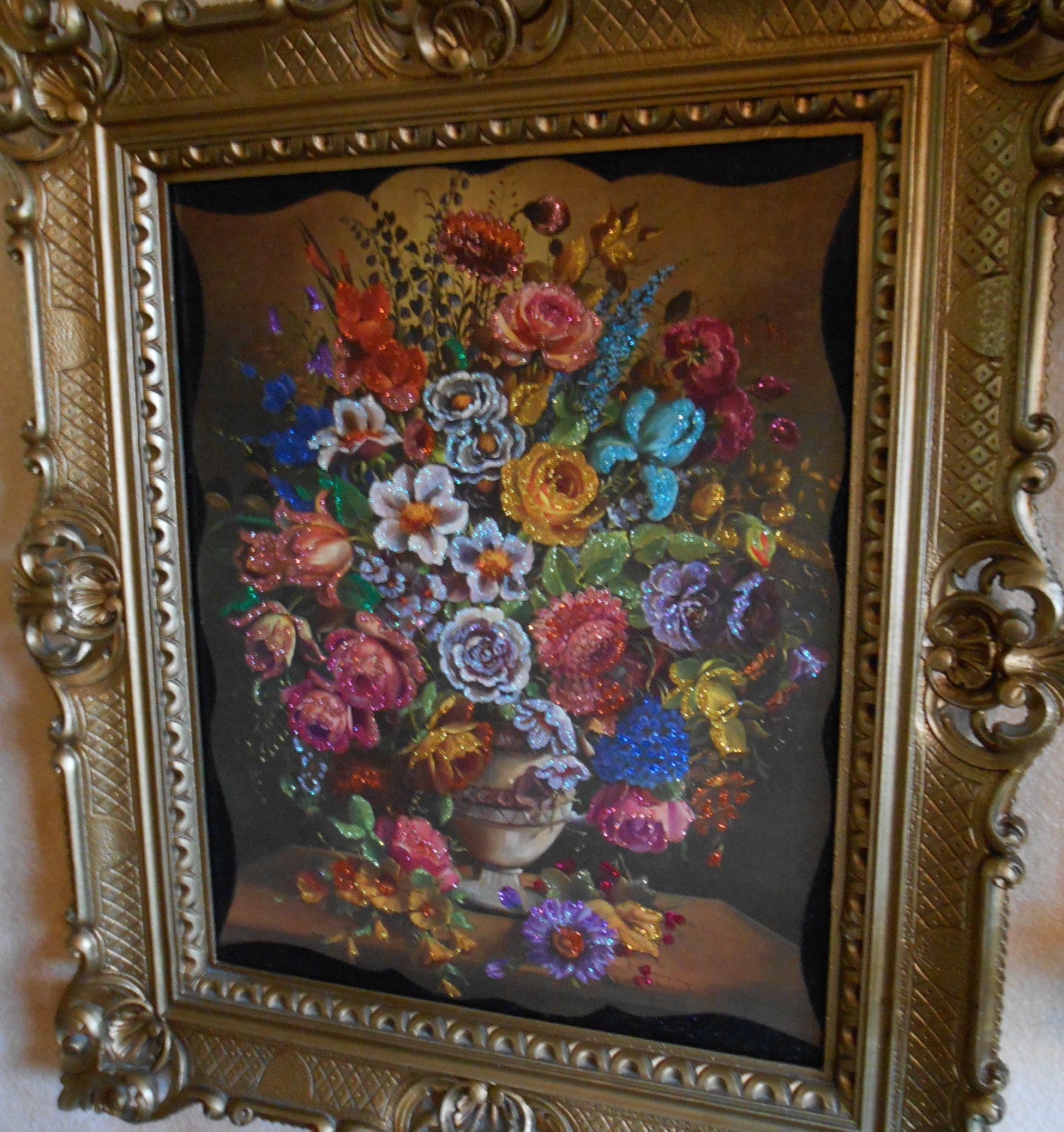 Glittered Floral Print in Gold with Ornate Frame, upcycled, altered, mixed media