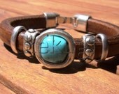 women 10mm licorice camel brown leather bracelet with silver floral beads and turquoise spacer