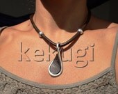 women tribal brown  leather necklace with silver beads