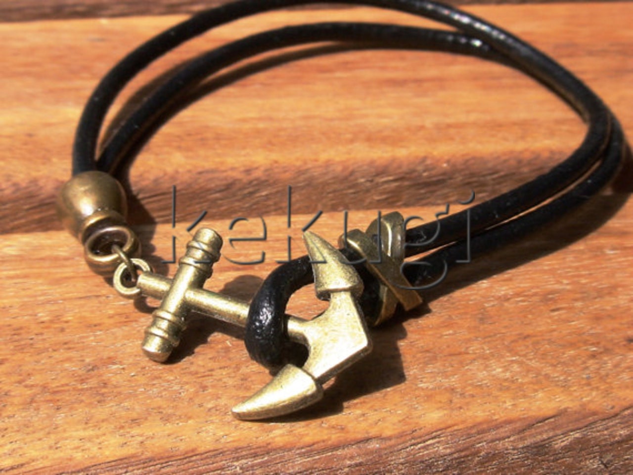 unisex men women jewelry Black leather bracelet and brass marine anchor as clasp jewelry