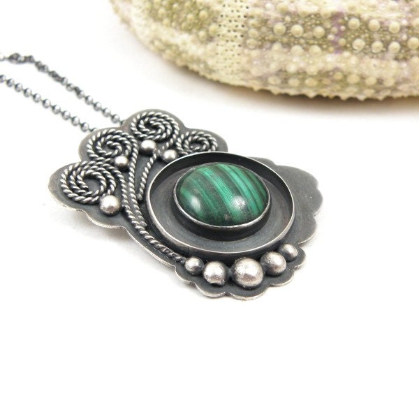 Metalwork pendant , green malachite , sterling silver jewelry , woodland style