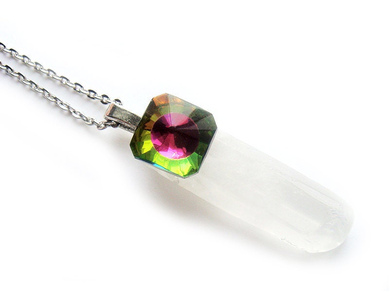 Aura Quartz Crystal Point Necklace with Vintage Rainbow Crystal