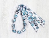 Fabric bead necklace with white blue gray flowers SALE